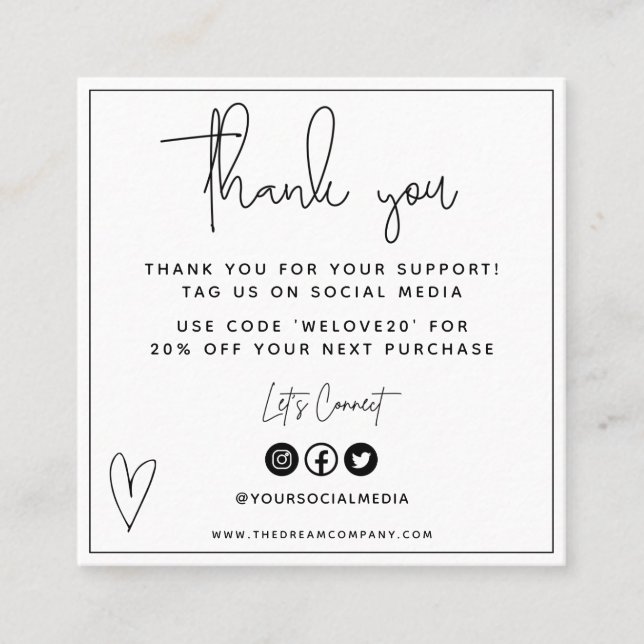 Mini tarjeta de negocios de corazón blanco y negro (Anverso)