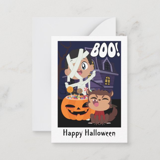 Mini tarjeta Halloween Mamá, Calabaza y Werewolf (Anverso)