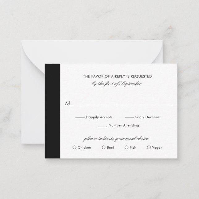 Mini tarjeta RSVP de Boda blanco negro mínimo (Anverso)