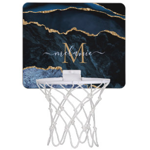 Miniaro De Baloncesto Agate Navy Blue Gold Gemstone Marble Monograma