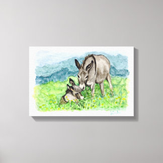 Miniatura de arte acuarela de mamá burro y bebé