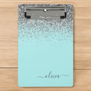 Minicarpeta De Pinza Aqua Azul - Monograma de Brillo Teal y Plata