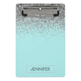 Minicarpeta De Pinza Azul Teal Plateado Glitter Nombre Monograma Femeni