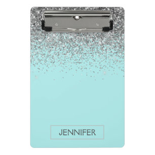 Minicarpeta De Pinza Azul Teal Plateado Glitter Nombre Monograma Femeni