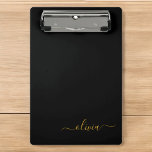 Minicarpeta De Pinza Black Gold Modern Script Girly Monograma Nombre<br><div class="desc">Portapapeles de planeación de nombres negros y dorados. Esto hace que el dulce perfecto cumpleaños 16,  boda,  ducha de novia,  aniversario,  ducha de bebé o fiesta de soltera sea regalo para alguien que ama el lujo glam y los estilos de moda.</div>