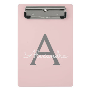 Minicarpeta De Pinza Blush Rosa Gris Moderno Guion Monograma Nombre