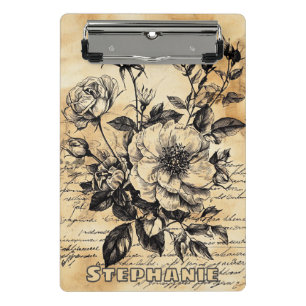 Minicarpeta De Pinza Boceto botánico de rosa sepia vintage en letra scr