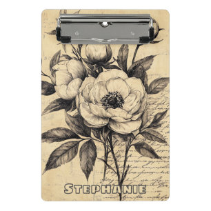 Minicarpeta De Pinza Boceto floral marrón vintage en papel envejecido