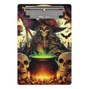 Minicarpeta De Pinza Bruja con esqueletos y caldero.