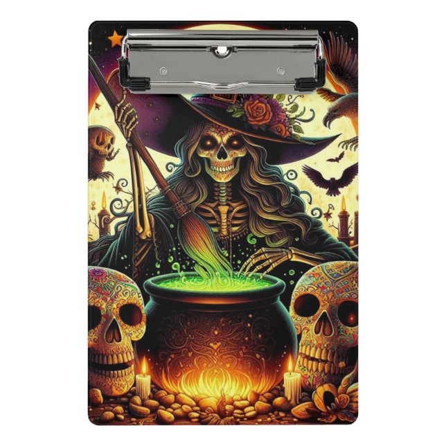 Minicarpeta De Pinza Bruja con esqueletos y caldero. (Anverso)