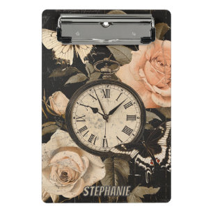 Minicarpeta De Pinza Brújula Vintage Mariposa Floral Marrón