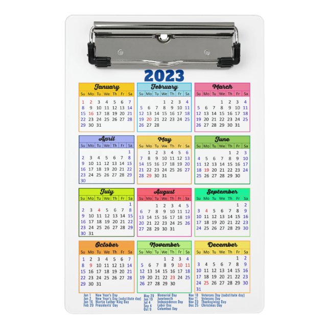 Minicarpeta De Pinza Calendario 2023 con días festivos azul moderno (Anverso)