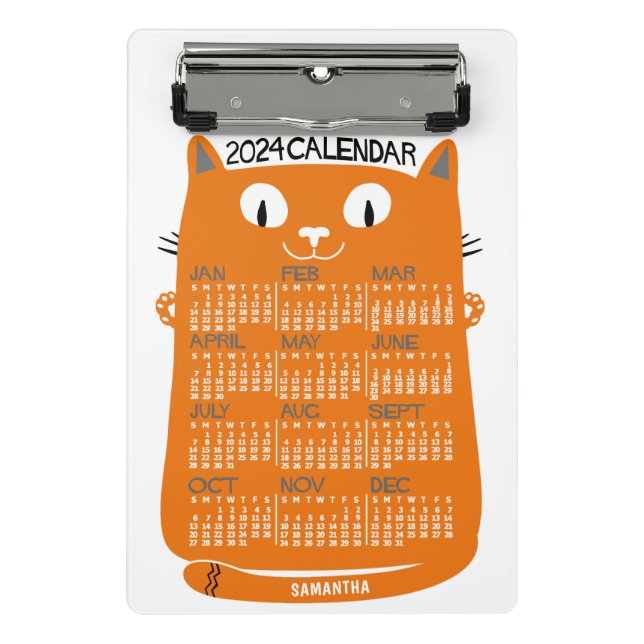 Minicarpeta De Pinza Calendario Mensual de 2024 Años Naranja Cat de med (Anverso)