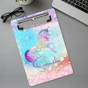 Minicarpeta De Pinza Cute unicornio rosa Glitter arcoíris aqua monogram