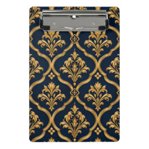Minicarpeta De Pinza Diseño de Motivo Vintage de Damasco Dorado y Azul 
