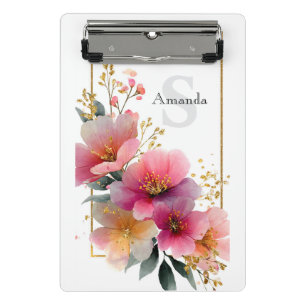 Minicarpeta De Pinza Elegante acuarela de borde floral rosa con dorado