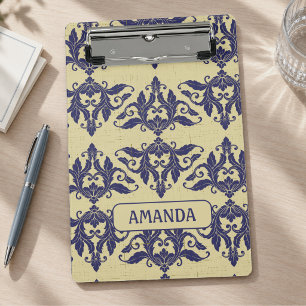 Minicarpeta De Pinza Elegante damasco vintage azul naval amarillo monog