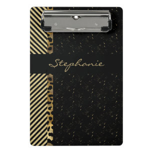 Minicarpeta De Pinza Elegante leopardo negro y de rayas doradas