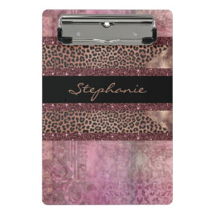 Minicarpeta De Pinza Elegante leopardo negro y rosa de rayas doradas