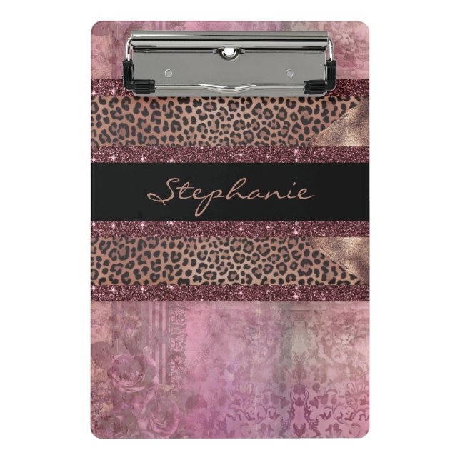 Minicarpeta De Pinza Elegante leopardo negro y rosa de rayas doradas (Anverso)