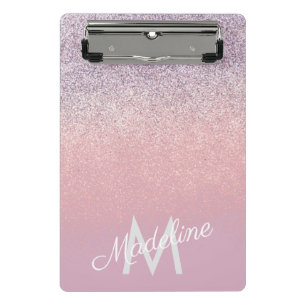 Minicarpeta De Pinza Falso brillo monogramado rosa y púrpura brillante 