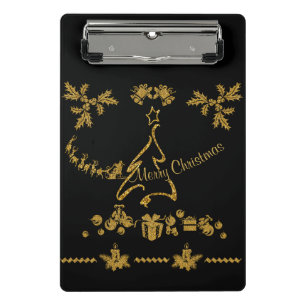 Minicarpeta De Pinza Feliz Navidad de purpurina dorada, Papá Noel