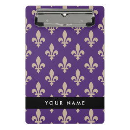 Minicarpeta De Pinza Fleur de Lis, Beige sobre Púrpura, Real, Tu Nombre