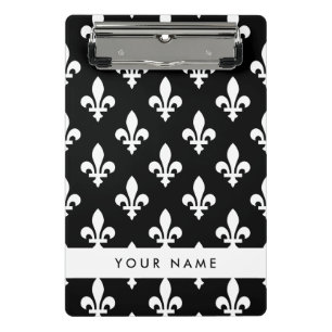 Minicarpeta De Pinza Fleur de Lis, Blanco sobre Negro, Blanco, Tu Nombr