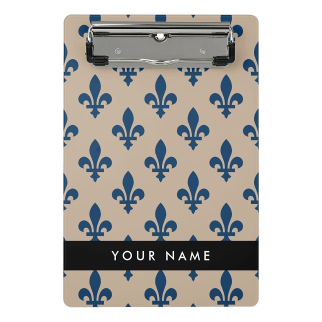 Minicarpeta De Pinza Fleur de Lis, Navy Blue on Beige, Royal, Your Name (Anverso)