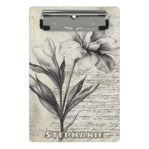 Minicarpeta De Pinza Flor de Dibujo Antiguo Marrón Nostálgico en Papel