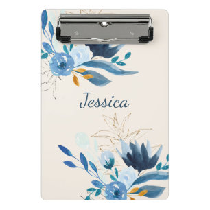 Minicarpeta De Pinza Florales Personalizados de Acuarela Azul Moderna c