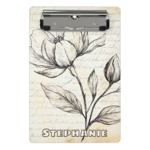 Minicarpeta De Pinza Flores Botánicas Sepia Elegantes Escritura Vintage