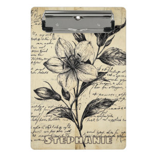 Minicarpeta De Pinza Flores Marrón Antiguo Caligrafía Pergamino