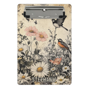 Minicarpeta De Pinza Flores, pájaros y mariposa en papel envejecido