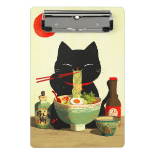 Minicarpeta De Pinza Gato negro feliz comiendo ramen   Ukiyo-e japonés