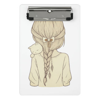 Minicarpeta De Pinza Girl with Braid and Cat Illustration – Soft Pastel