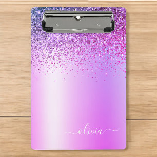 Minicarpeta De Pinza Glitter de Monograma Morado Script Femenino Brilla