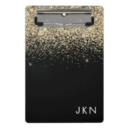 Minicarpeta De Pinza Glitter Monograma Iniciales Femeninas Dorado Negro