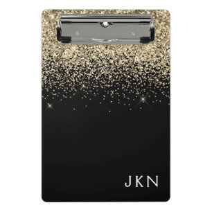 Minicarpeta De Pinza Glitter Monograma Iniciales Femeninas Dorado Negro