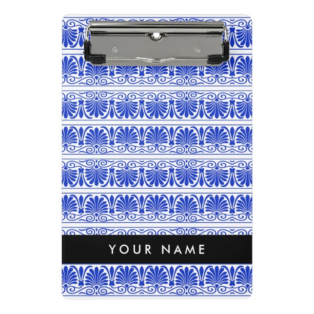 Minicarpeta De Pinza Griego Fret Arabesque Blue, Tu Nombre, Personaliza (Anverso)