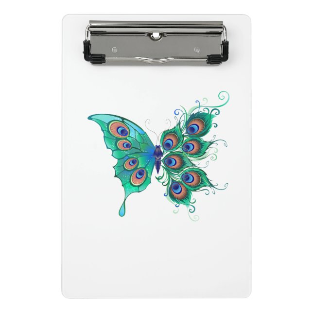 Minicarpeta De Pinza Mariposa con plumas de pavo real verde (Anverso)