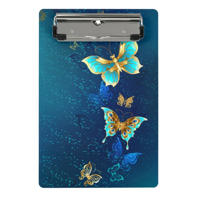 Minicarpeta De Pinza Mariposas doradas sobre fondo azul (Anverso)