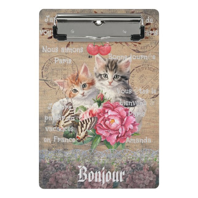 Minicarpeta De Pinza Monogram Grunge wood floral and cats French (Anverso)