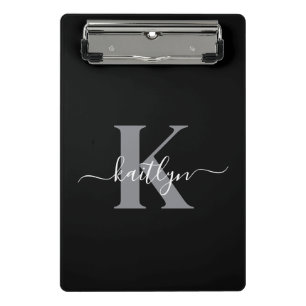 Minicarpeta De Pinza Monograma de letra script gris negro moderno