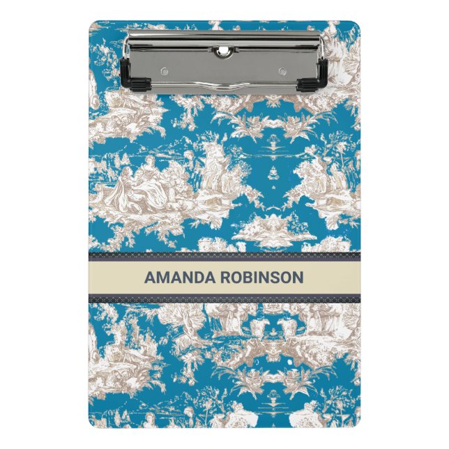 Minicarpeta De Pinza Monograma de tela azul turquesa de jouy (Anverso)