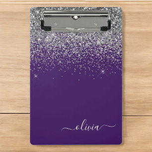 Minicarpeta De Pinza Monograma Glam femenino con brillo plateado púrpur