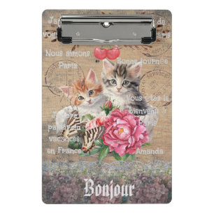 Minicarpeta De Pinza Monograma Grunge madera floral y gatos Francés