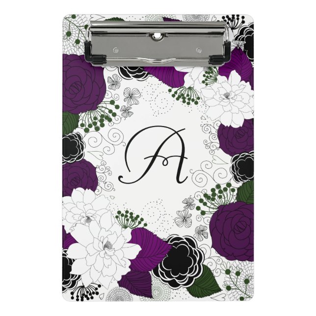 Minicarpeta De Pinza Monograma morado y floral blanco (Anverso)