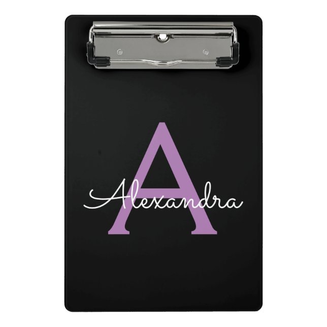 Minicarpeta De Pinza Morado Black Script Girly Monograma Nombre (Anverso)