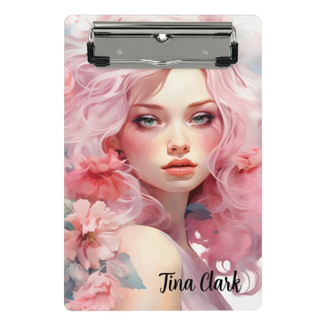 Minicarpeta De Pinza Mujer hermosa con el pelo rosado y el vestido rosa (Anverso)